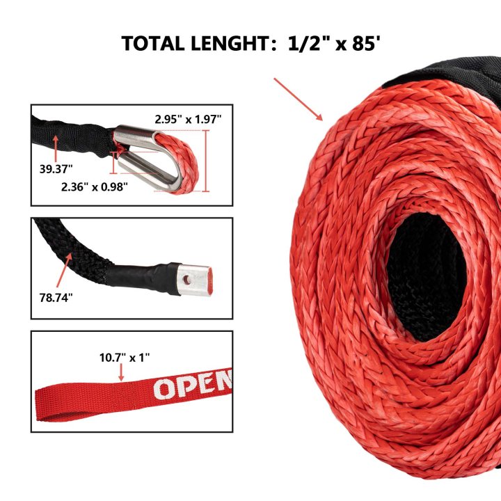 OPENROAD Synthetic Winch Rope, 1/2" x 85'-18000lbs Winch Line Rope Replacement with Protective Sleeve/Rope Winch Hook  OPENROAD