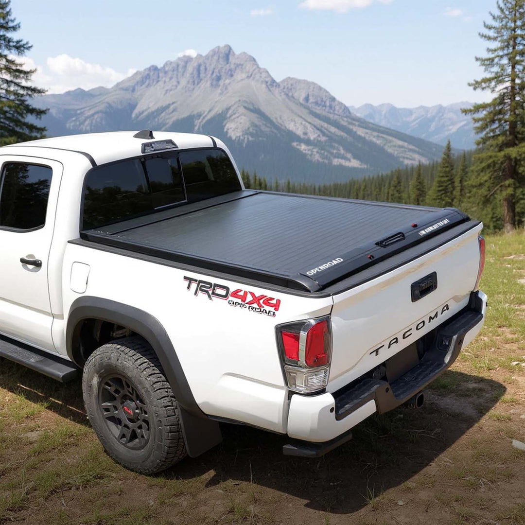 Toyota Tacoma with a retractable tonneau cover installed on the truck bed
