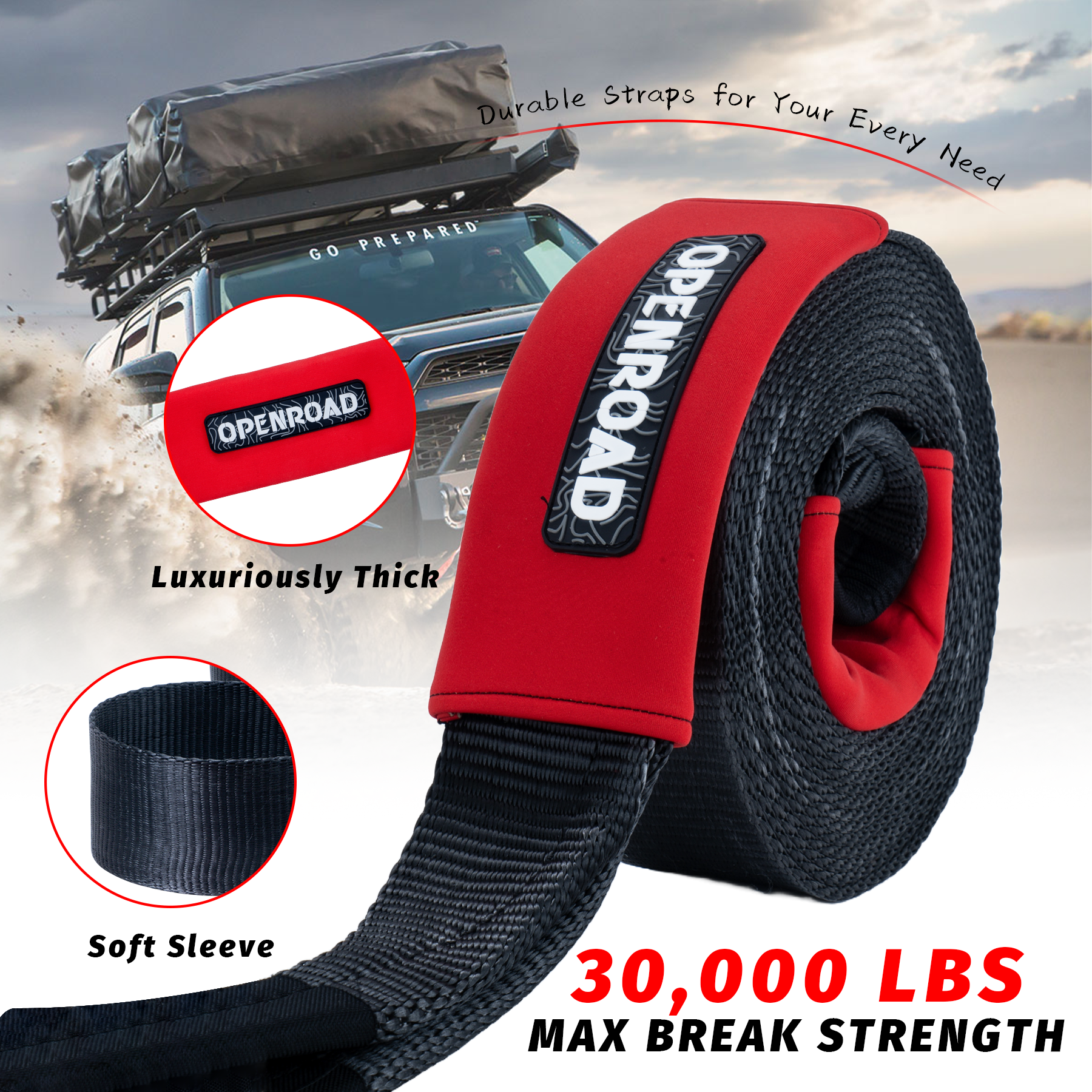 OPENROAD Nylon Heavy Duty Tow Strap Recovery Strap 3" x 30 ft (30,000 lbs) Snatch Strap,  Storage Bag  openroad4wd.com   
