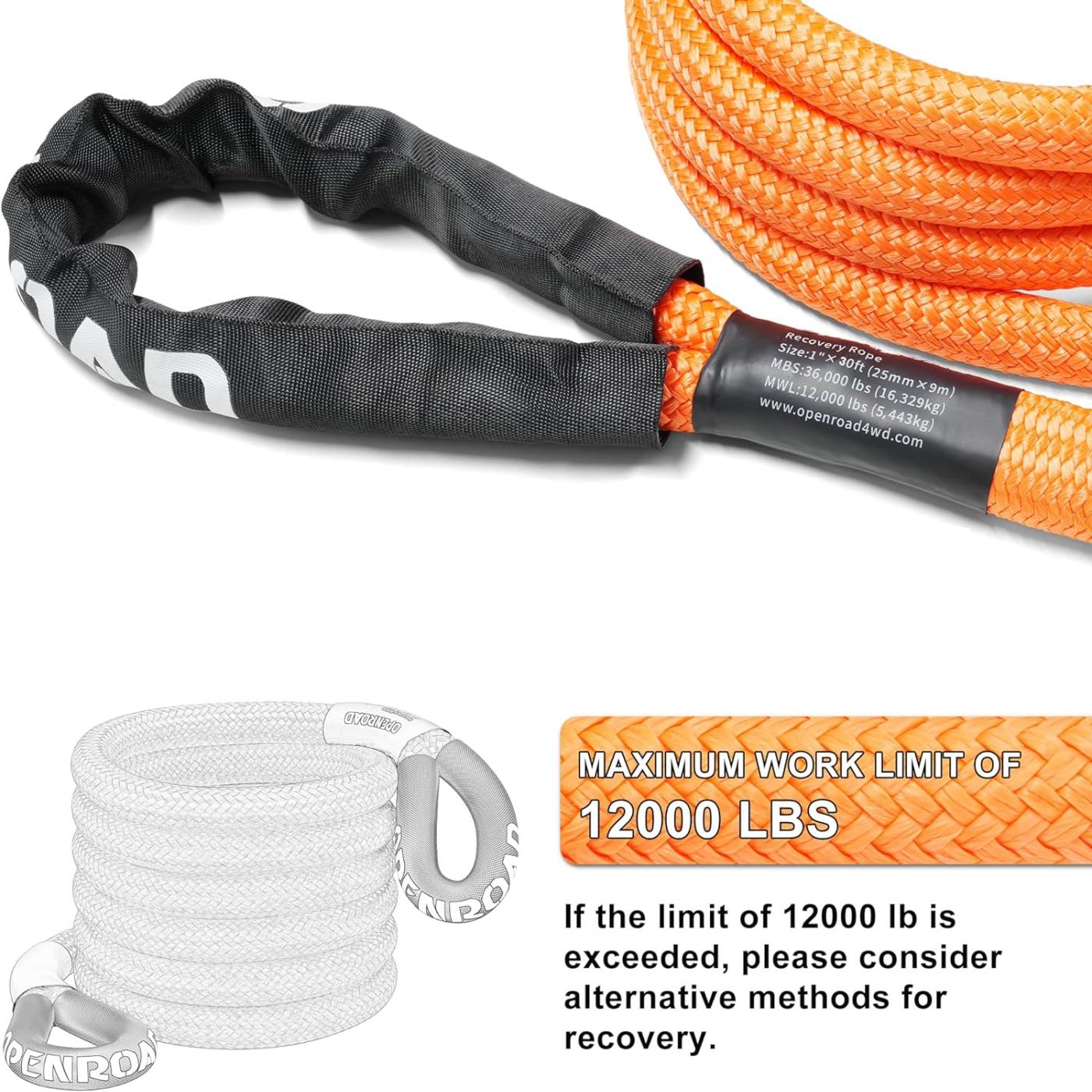 OPENROAD 1" x30' Kinetic Recovery Tow Rope (25,000lbs)，for Truck Off-road Vehicle ATV UTV, Carry Bag Included Recovery Straps OPENROAD   