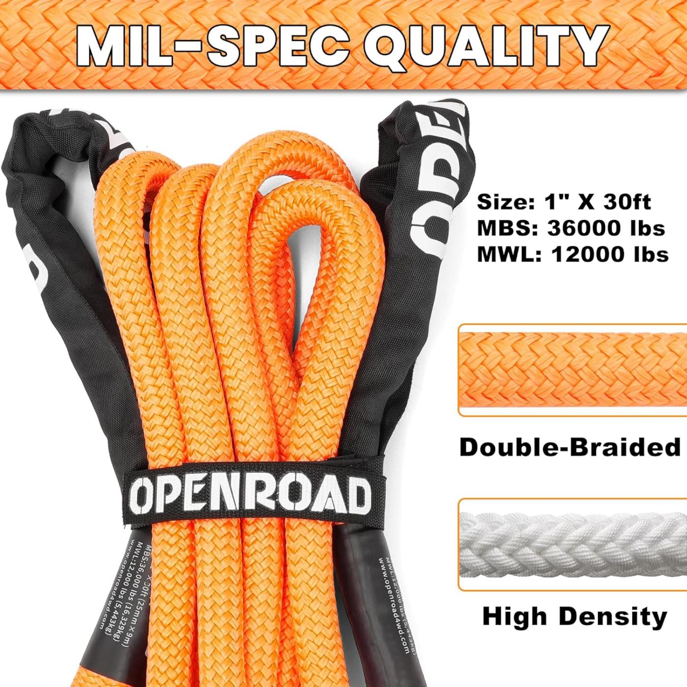 OPENROAD 1" x30' Kinetic Recovery Tow Rope (25,000lbs)，for Truck Off-road Vehicle ATV UTV, Carry Bag Included Recovery Straps OPENROAD   