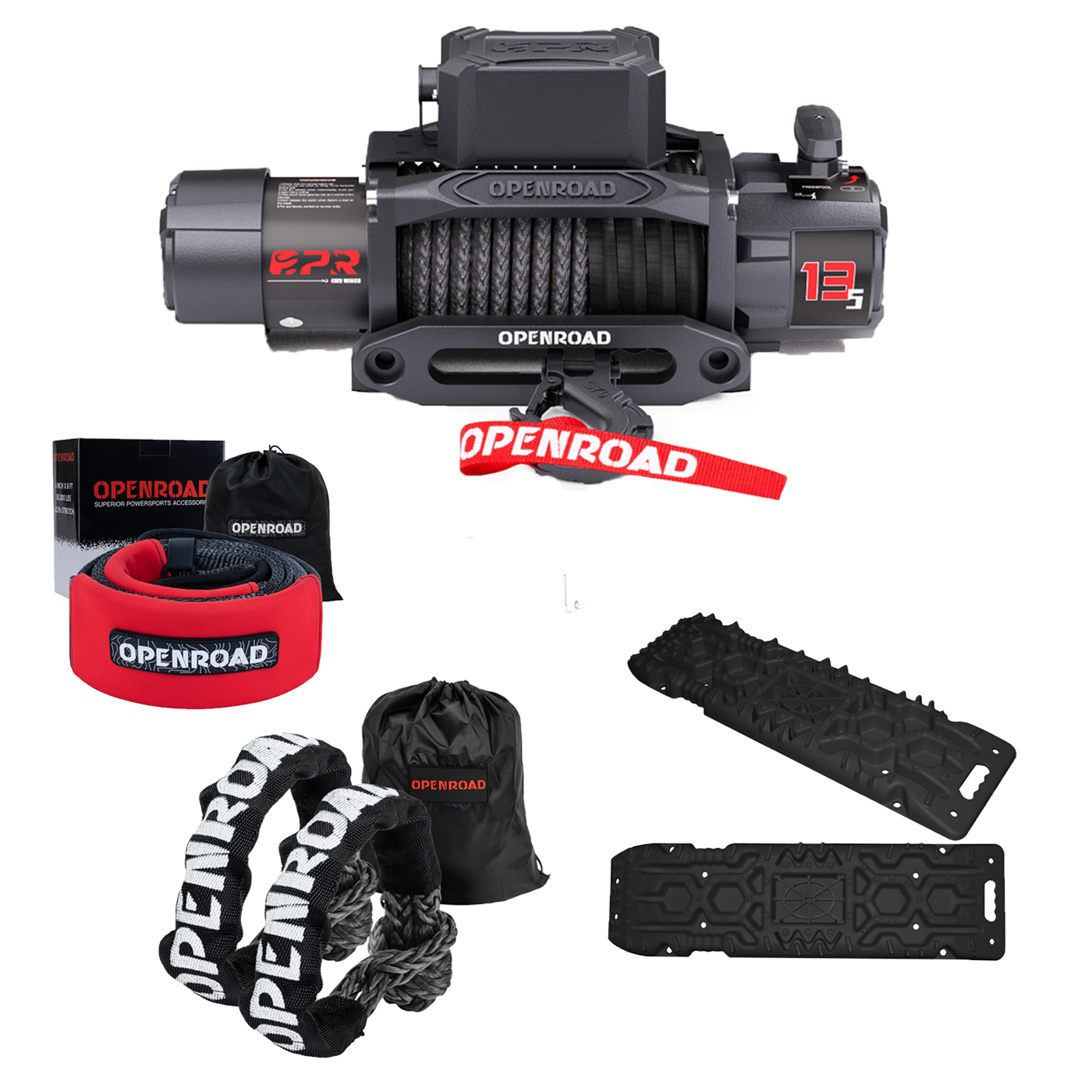 OPENROAD 13,500lbs Winch with 4''x8' Break Strength 30,000 lbs Tree Saver Strap with Synthetic Soft Shackle Rope, 2" X 23" (38,000lbs) with Openroad4wd