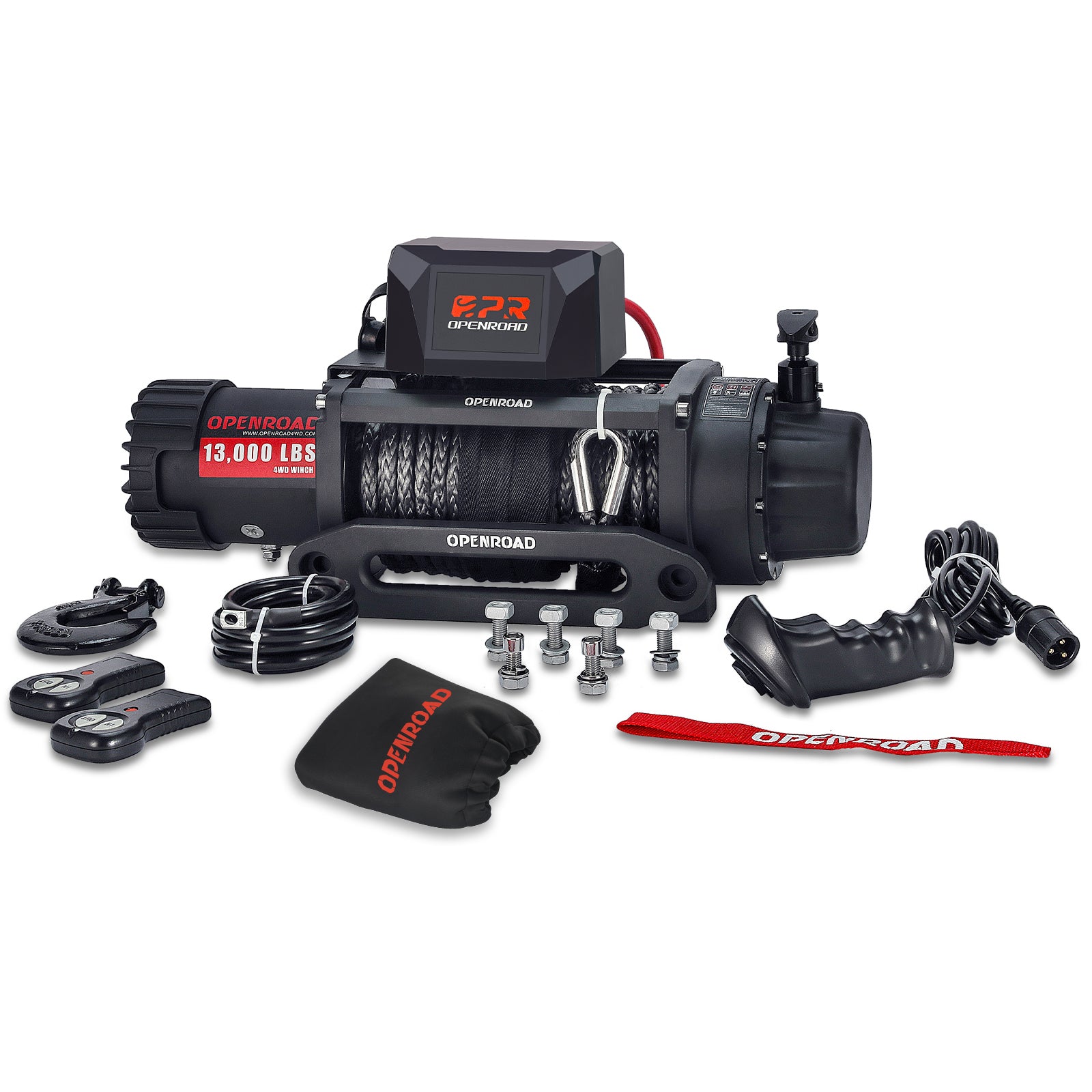 OPENROAD 13,000lbs Winch with Synthetic Rope and 2 Wireless Remotes -Panther Series 2S Plus winch OPENROAD 13000lbs Add Cover  