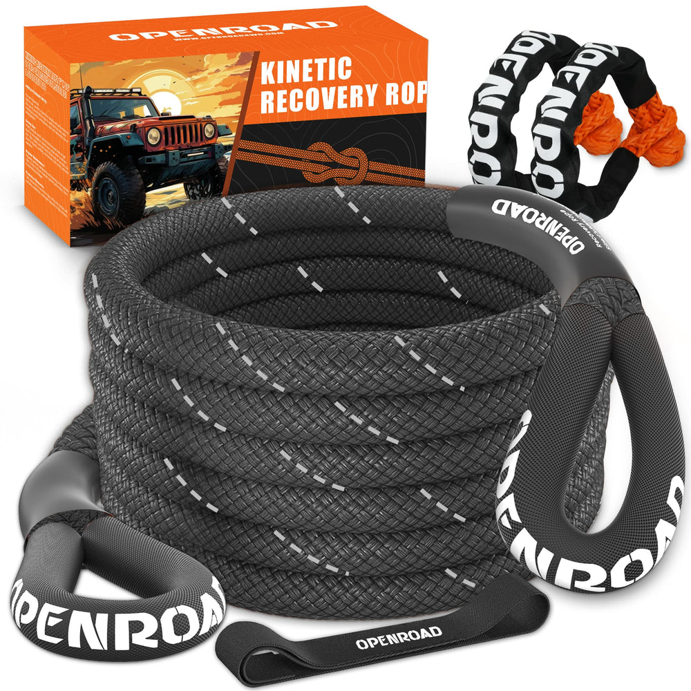 OPENROAD 1" x30' Kinetic Recovery Tow Rope (36,000lbs)，for Truck Off-road Vehicle ATV UTV, Carry Bag Included Recovery Straps OPENROAD Black with Soft Shackle  