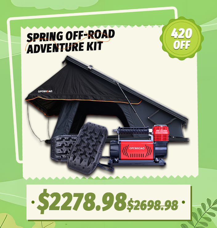 spring sale package- Roof Top Tent-PeakRoof &Air Compressor&Recovery Traction Boards  openroad4wd.com   