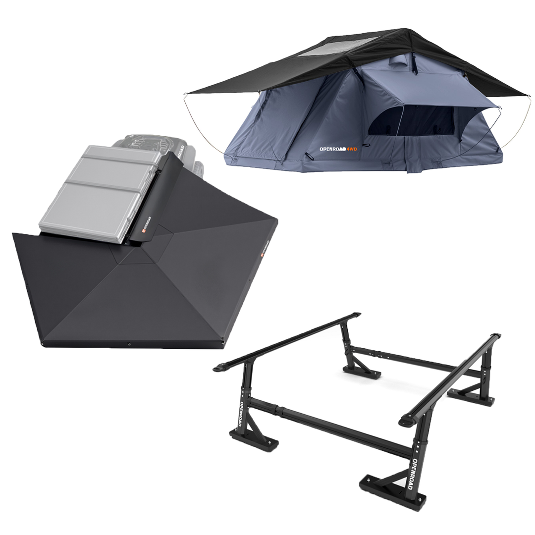 OPENROAD Universal Fit Adjustable Bed Rack for Trucks with Soft Roof Top Tent with 270 Free Standing Awning for Camping Openroad4wd