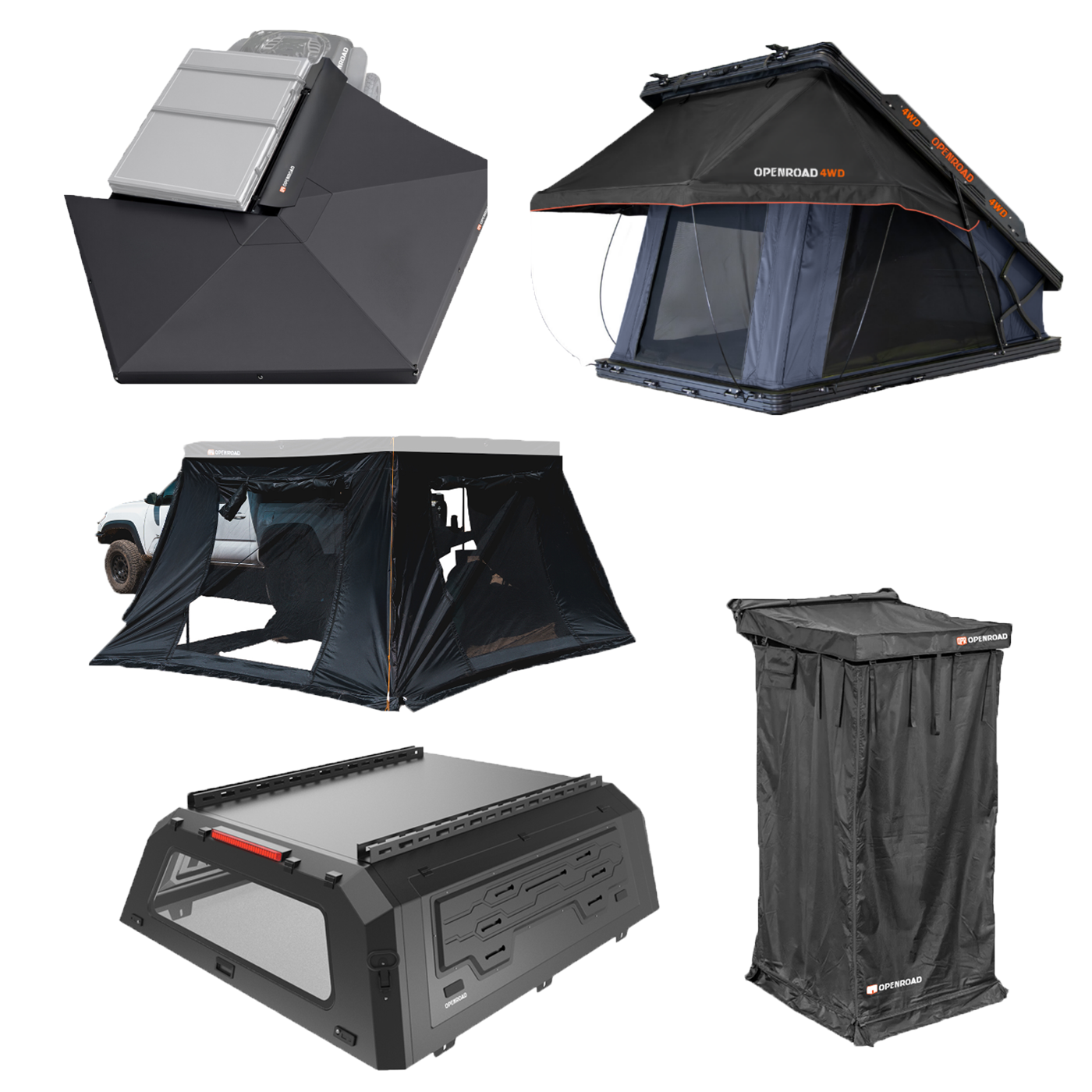 OPENROAD Truck Cap with  270  Awning with 270 Awning Side Wall with  Aluminum Hard Shell Roof Top Tent with Shower Awning V2