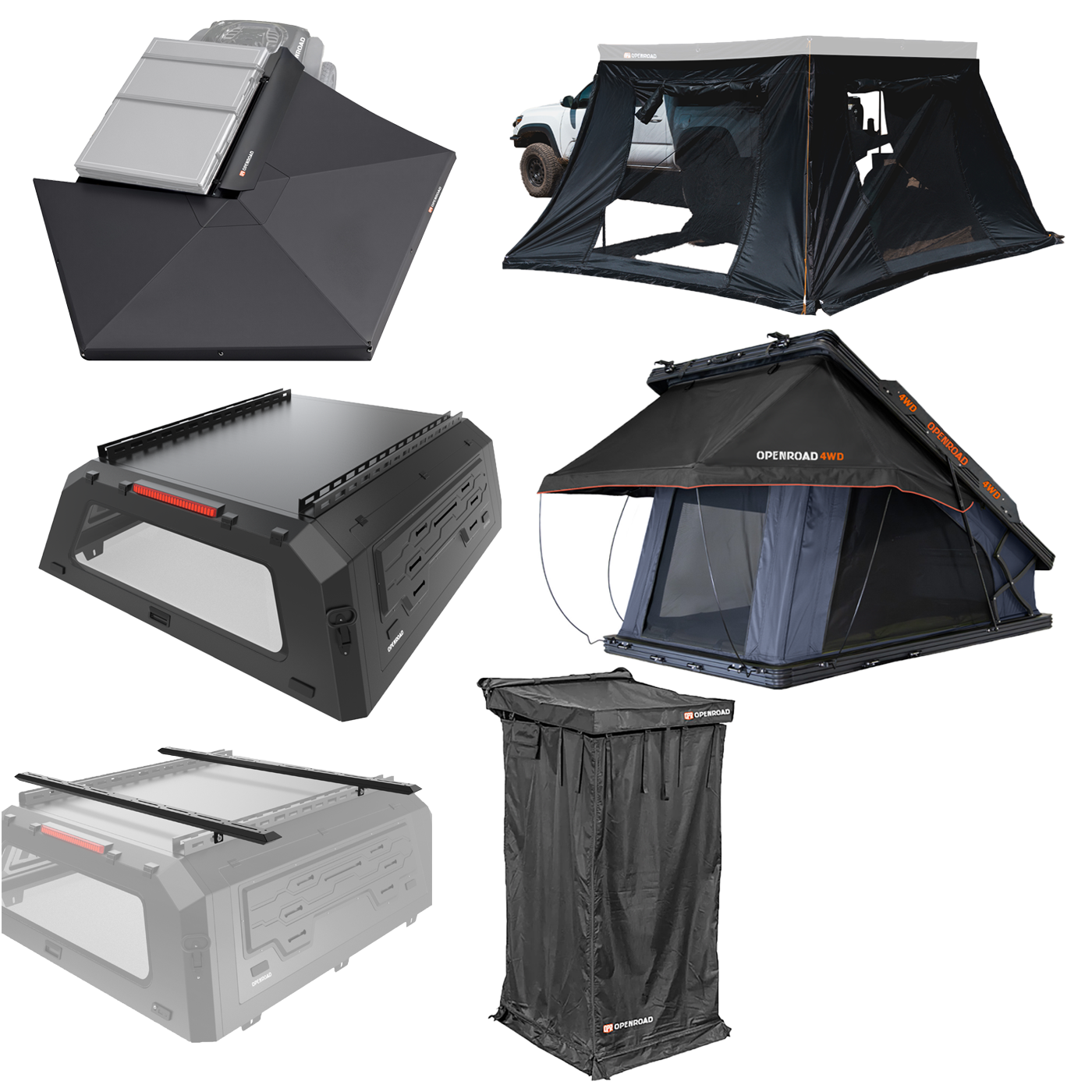 OPENROAD Truck Cap with 270 Awning with 270 Awning Side Wall with Aluminum Hard Shell Roof Top Tent with Shower Awning V2 with Roof Rack Crossbars Openroad4wd