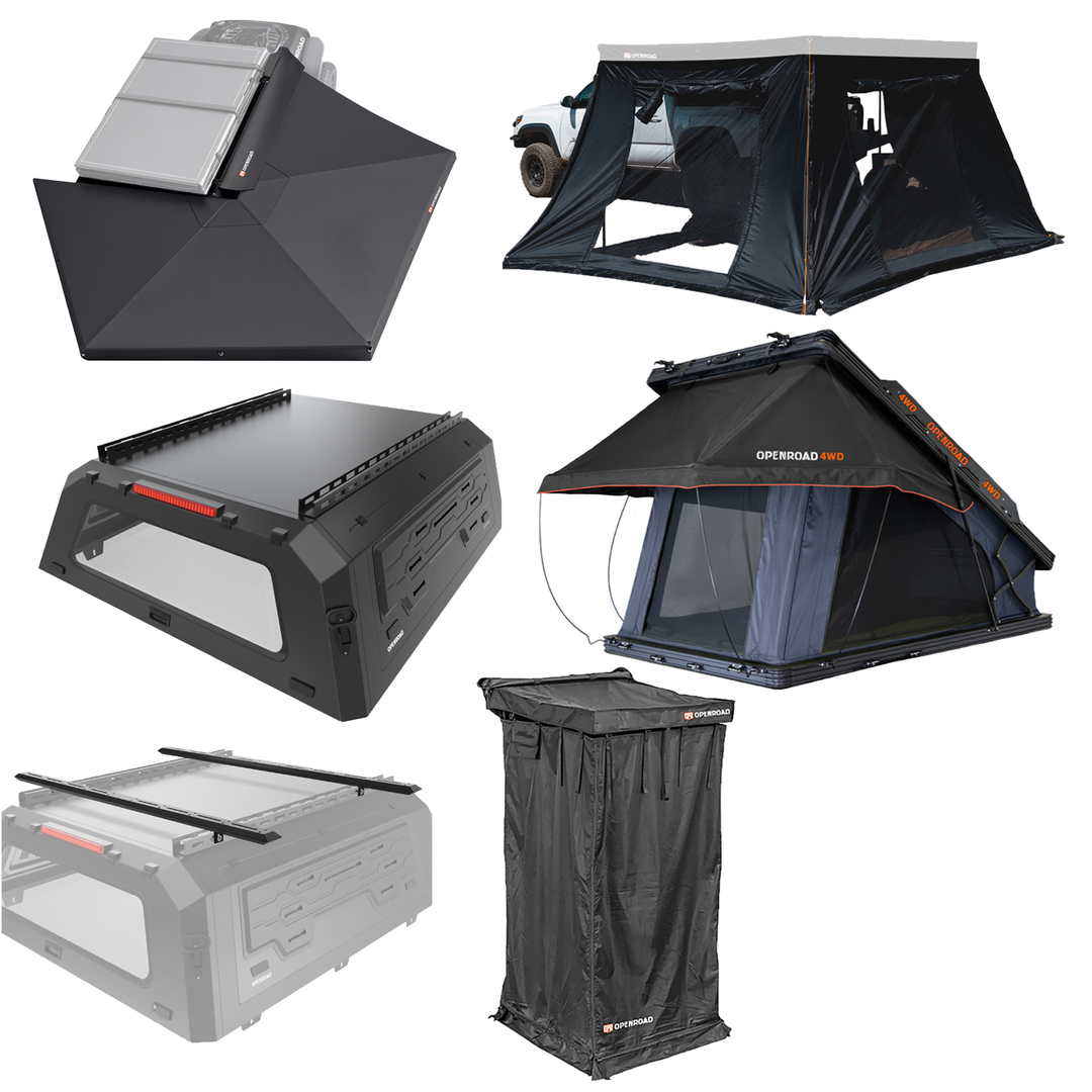 OPENROAD Truck Cap with 270 Awning with 270 Awning Side Wall with Aluminum Hard Shell Roof Top Tent with Shower Awning V2 with Roof Rack Crossbars Openroad4wd