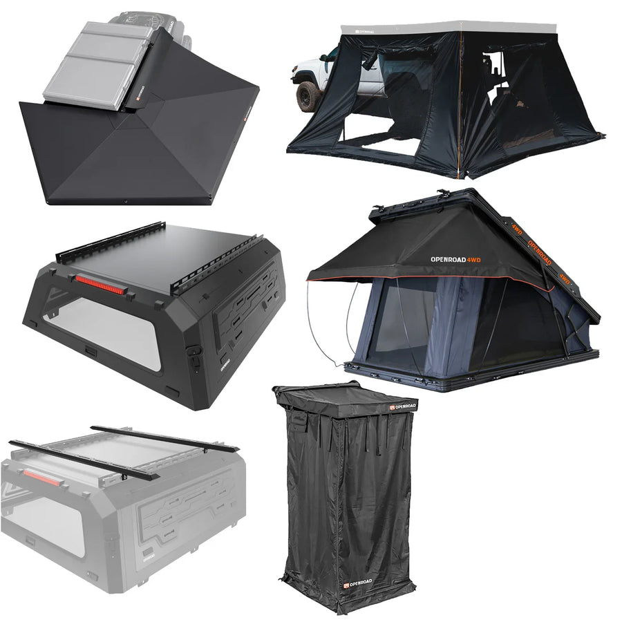 OPENROAD Truck Cap with  270  Awning with 270 Awning Side Wall with  Aluminum Hard Shell Roof Top Tent with Shower Awning V2 with Roof Rack Crossbars