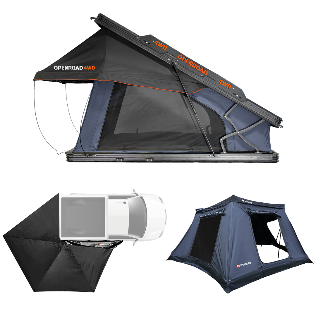 OPENROAD Aluminum Hard Shell Roof Top Tent-PeakRoof LT Series+270 Free Standing Awning for Camping+270 Awning Side Walls  openroad4wd.com   