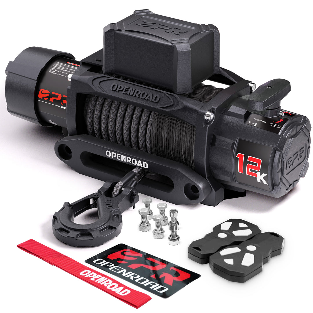 OPENROAD 12,000lbs Winch -Panther Series 3S with 40,000 lbs Tree Saver Strap and Soft Shackle Synthetic  Openroad4wd   