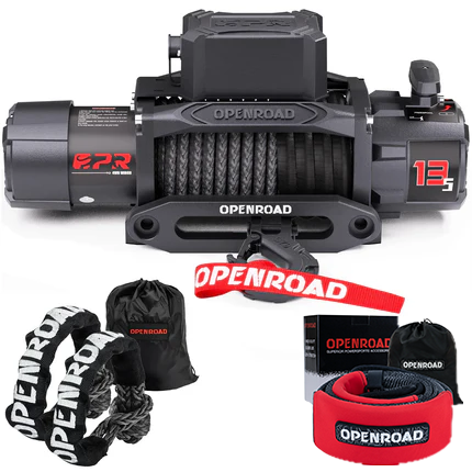 OPENROAD 13,500lbs electric winch with Synthetic Rope - Panther Series 3S winch Openroad4wd 13500lbs Winch with Tree Saver Strap and Black Soft Shackle