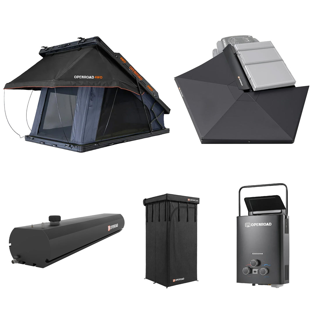 OPENROAD Aluminum Hard Shell Roof Top Tent and 270 Awning and Shower Awning and Water Tank 5 Gal and Water Heater Openroad4wd