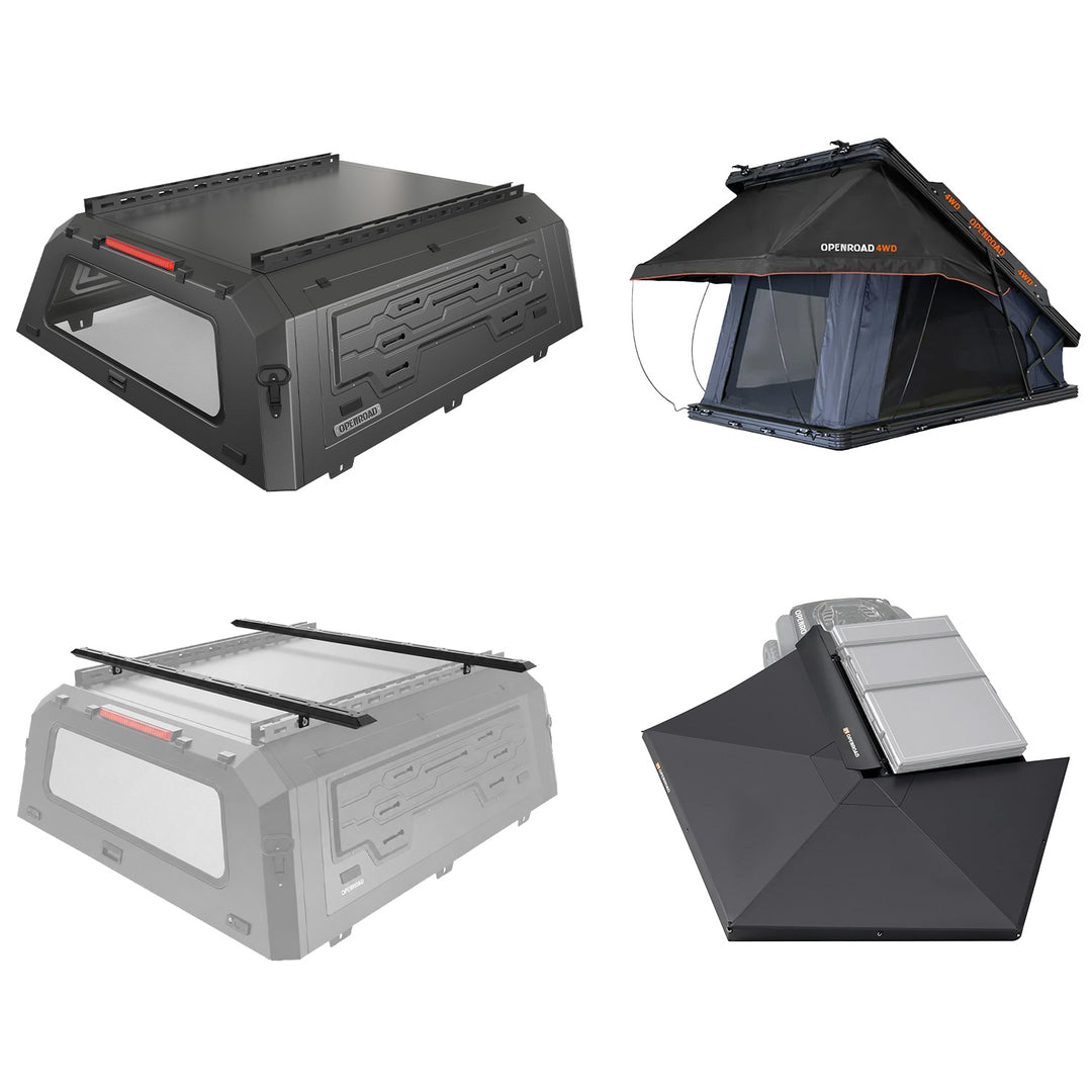OPENROAD Aluminum Truck Cap with Roof Rack Crossbars with Aluminum Hard Shell Roof Top Tent with 270 Awning Openroad4wd
