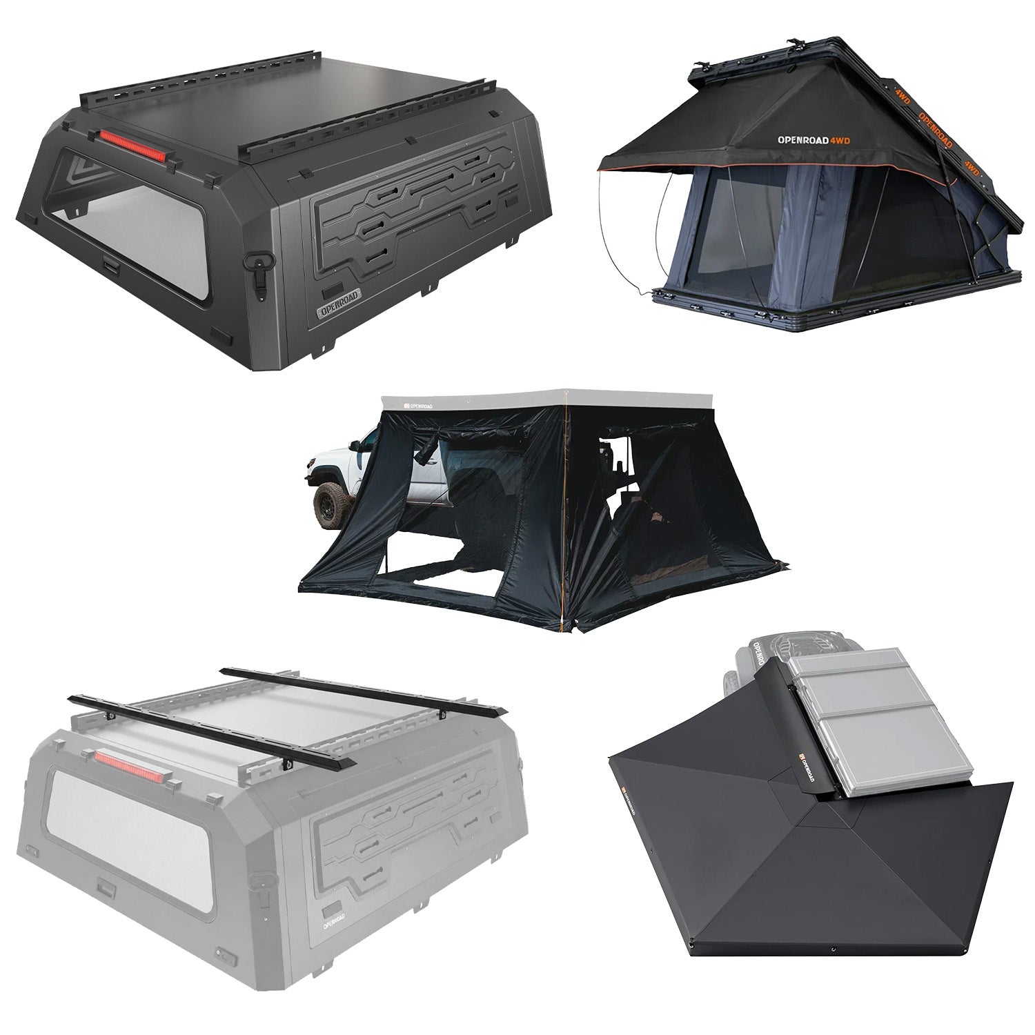 OPENROAD Aluminum Truck Cap with Roof Rack Crossbars with Aluminum Hard Shell Roof Top Tent with 270 Awning with side walls Openroad4wd