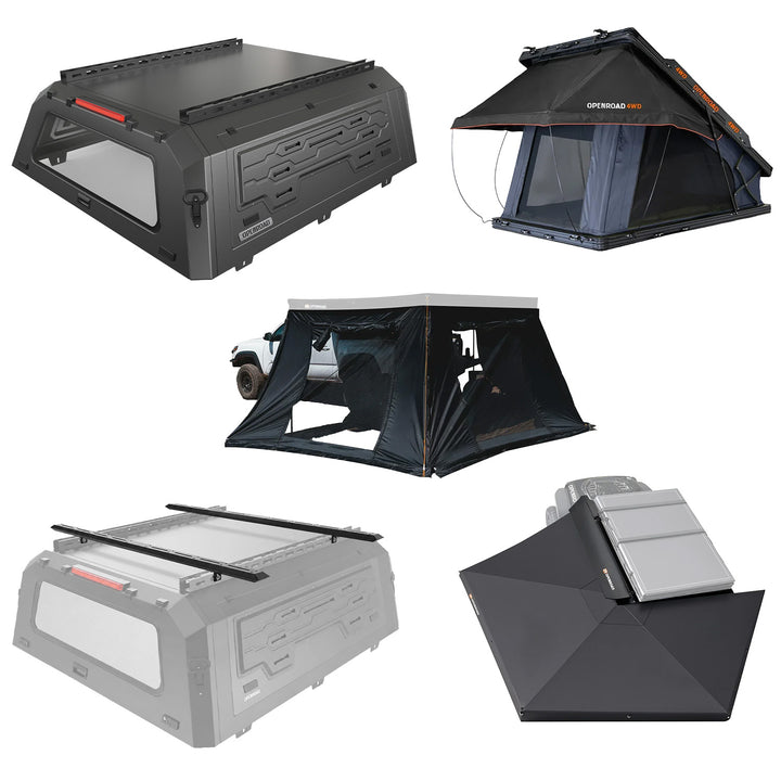 OPENROAD Aluminum Truck Cap with Roof Rack Crossbars with Aluminum Hard Shell Roof Top Tent with 270 Awning with side walls Openroad4wd