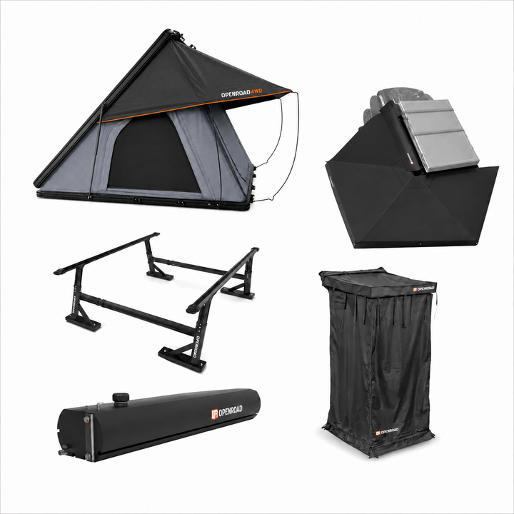 OPENROAD EdgeRoof Aluminum Hard Shell RTT and 270 Awning and Bed Rack and Shower Awning V2 and Water Tank 10 Gal