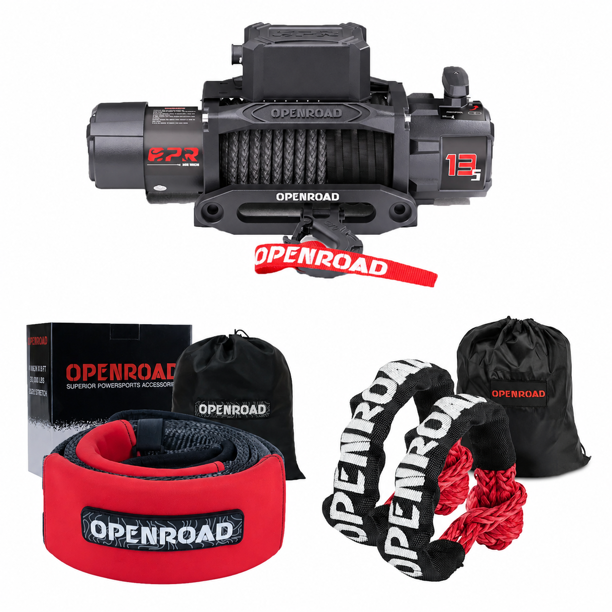 OPENROAD 13,500lbs Winch with Tree Saver Strap with Synthetic Soft Shackle Rope