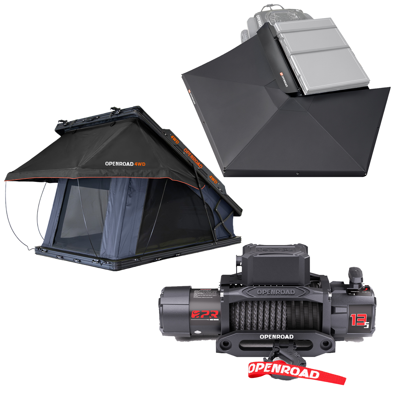 OPENROAD 270 Free Standing Awning with Aluminum Hard Shell Roof Top Tent with 13,500lbs electric winch Openroad4wd