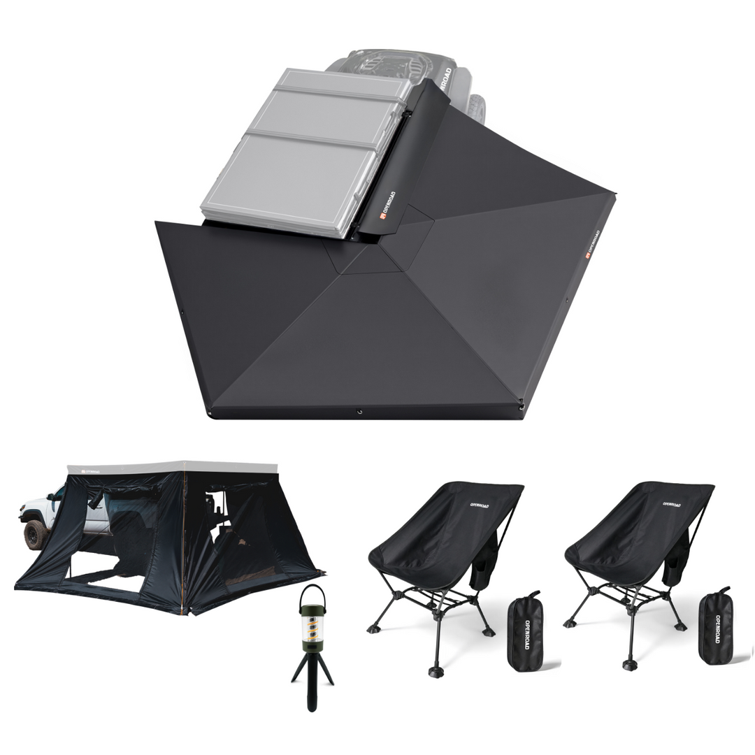 OPENROAD 270 Free Standing Awning with 270 Awning Sidewalls with Two Lightweight Foldable Chair and Camping Light Openroad4wd
