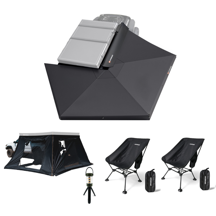 OPENROAD 270 Free Standing Awning with 270 Awning Sidewalls with Two Lightweight Foldable Chair and Camping Light Openroad4wd