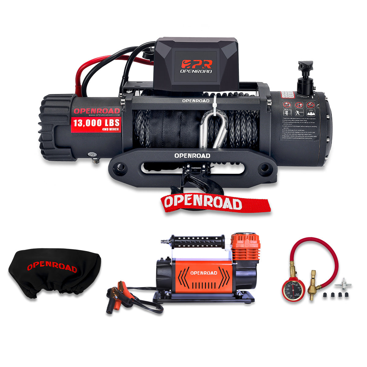 13000lbs Electric Winch with cover+5.65 CFM air compressor+Tire Pressure Gauge  openroad4wd.com   