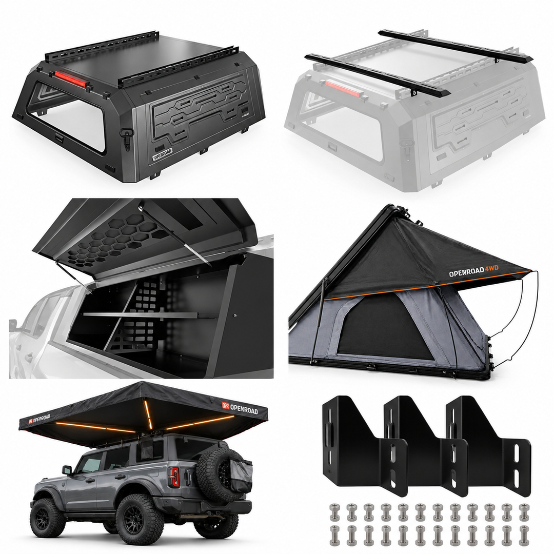 OPENROAD Aluminum Truck Cap with Roof Rack Crossbars with Storage Box with Aluminum Hard Shell Edgeroof series RTT with 270 Standing Awning with Vertical Mounting Openroad4wd
