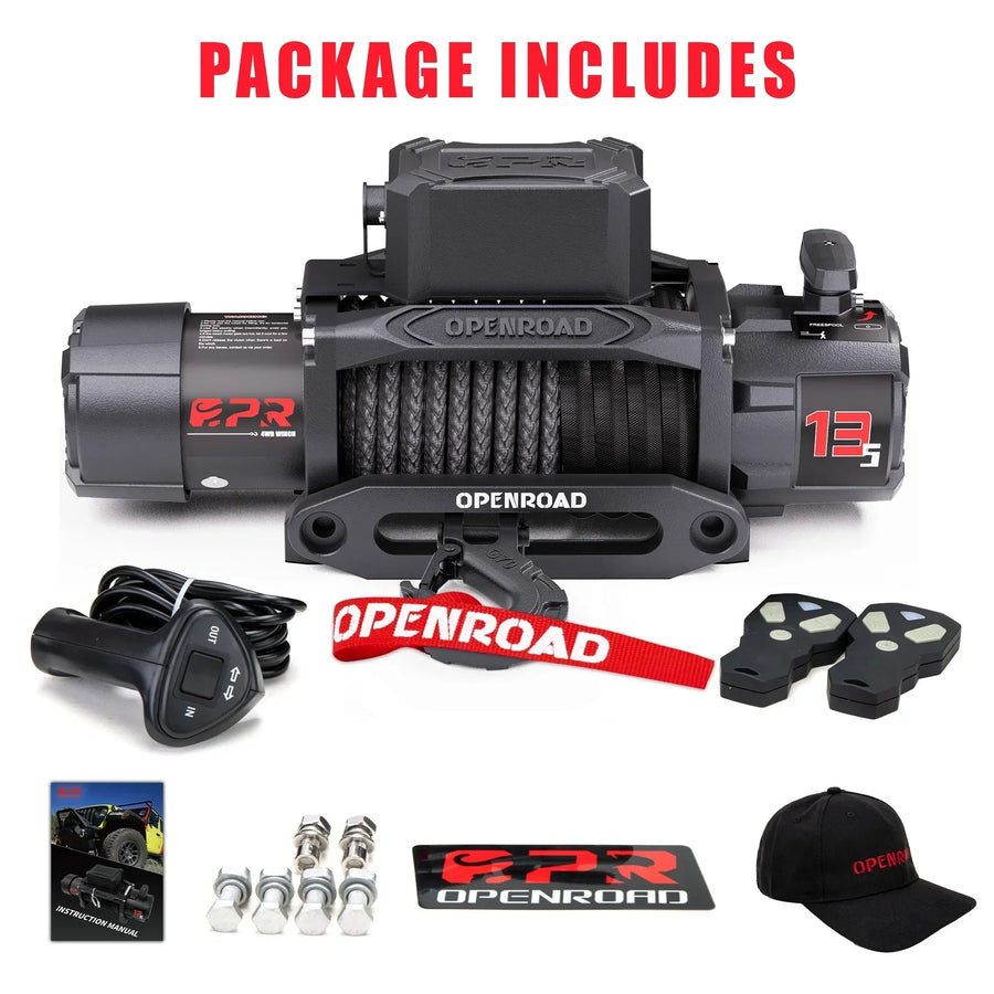 OPENROAD 13,500lbs Winch with Tree Saver Strap with Synthetic Soft Shackle Rope