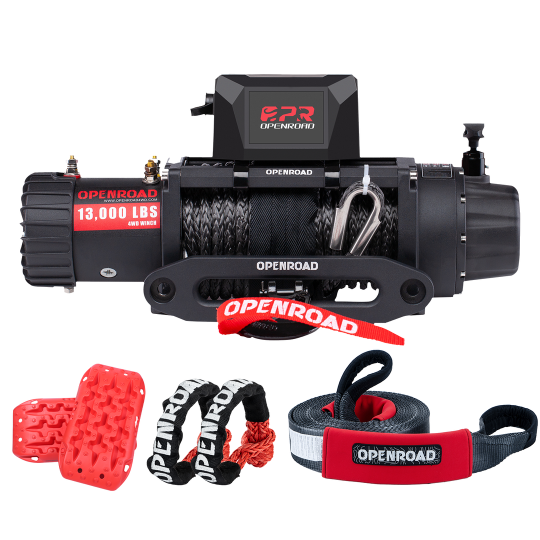 OPENROAD 13,000lbs Winch-Panther Series 2S Plus+5 Generation Off-road Recovery Traction Boards (2pcs) | Red+Nylon Heavy Duty Tow Strap Recovery Strap+Synthetic SoftShackle Rope  openroad4wd.com   