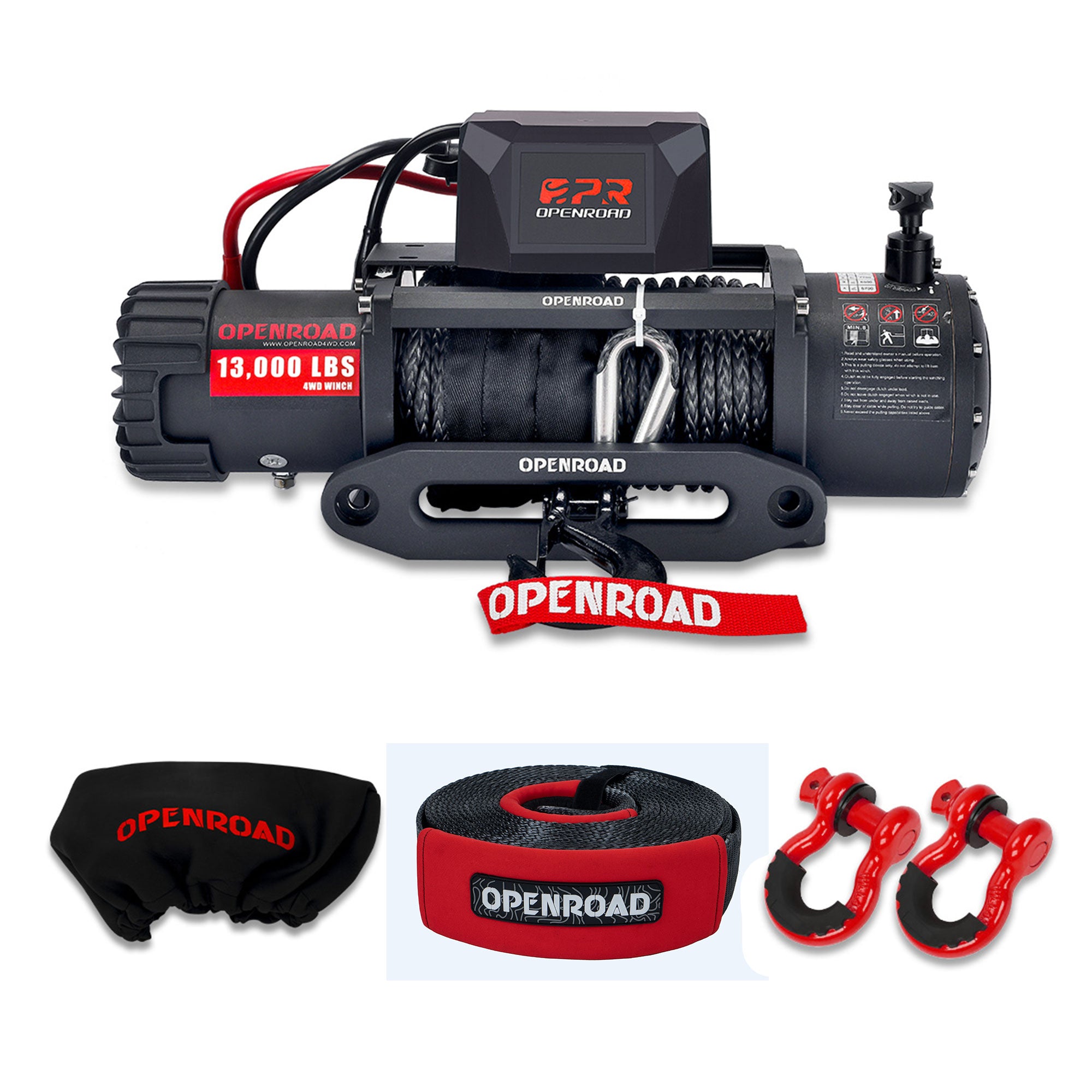 13000 lbs electric winch with cover+Heavy Duty Tow Strap3''x30' (35,000 lbs)+3/4" D-ring shackle  openroad4wd.com   