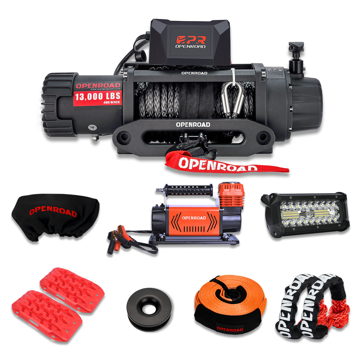 13000lbs Electric Winch with cover+soft shackle(2pcs)+Heavy Duty Tow Strap3''x30' (35,000 lbs)+Traction Boards+ 2.54 CFM AIR COMPRESSOR +Light Bar 7-inch+grasping ring  openroad4wd.com   