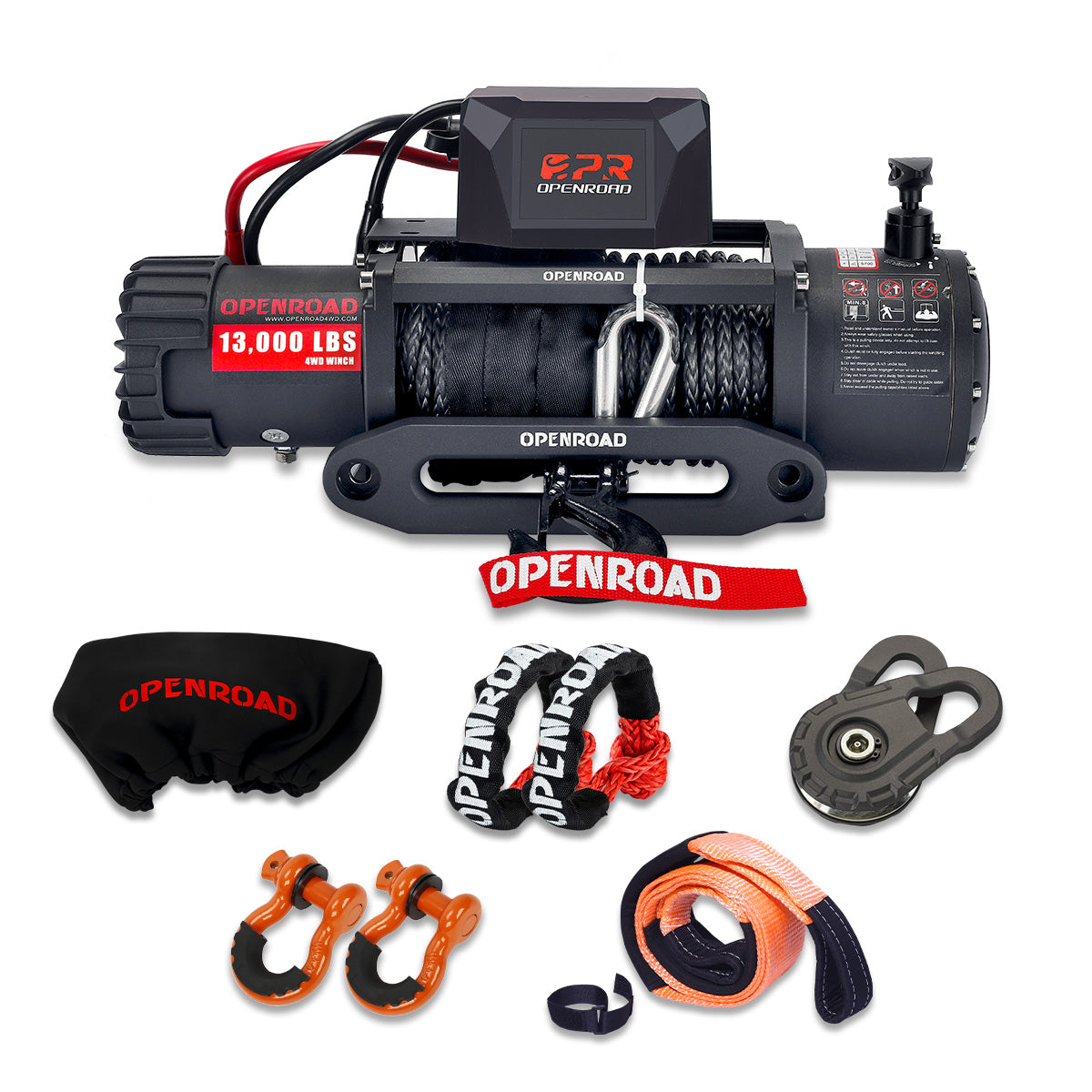 13000lbs Electric Winch with cover+soft shackle(2pcs)+Tree Saver Strap+ 3/4" D-ring shackle+Winch Pulley  openroad4wd.com   