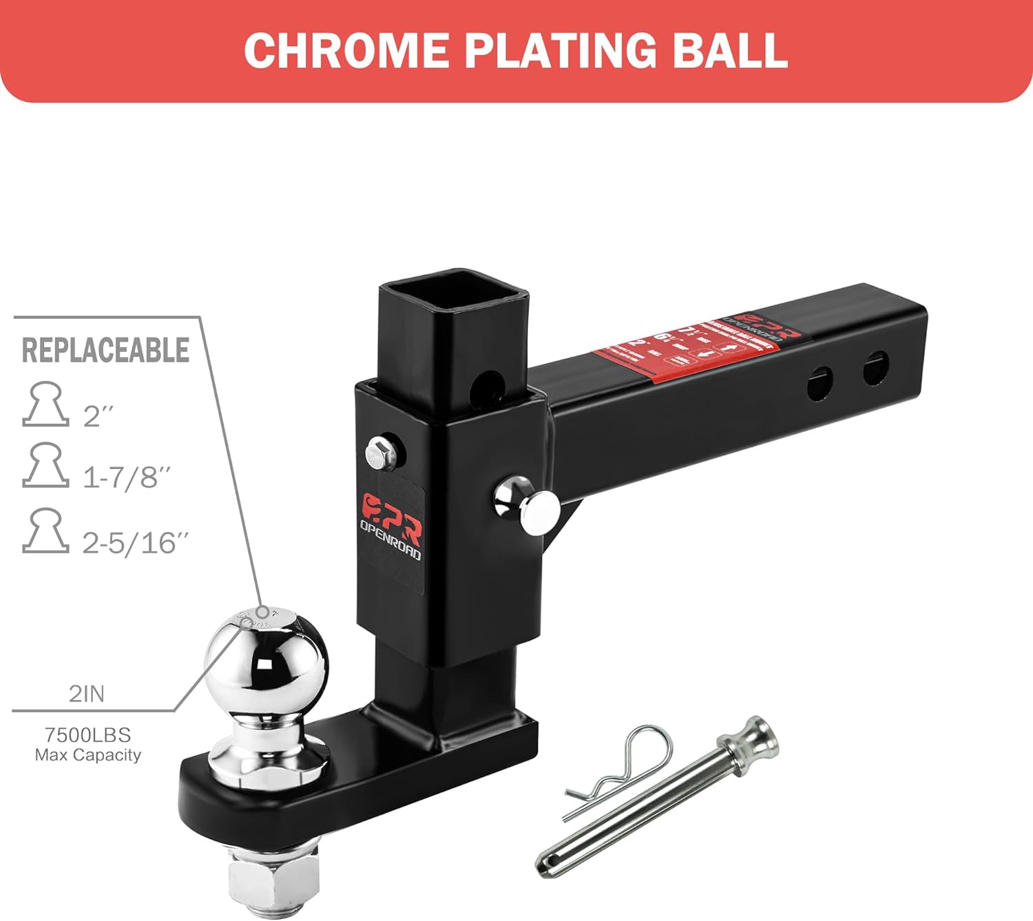 OPENROAD Adjustable Trailer Hitch Ball Mount Fits 2-Inch Receiver Openroad4wd