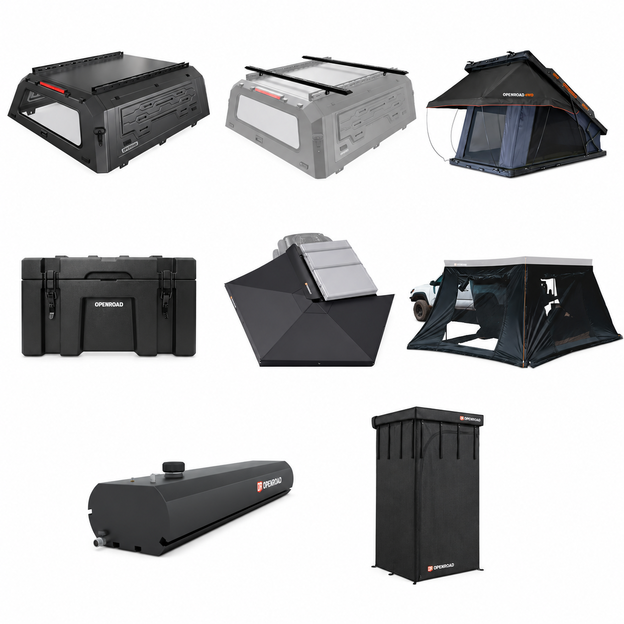 OPENROAD Truck Cap with Aluminum Hard Shell Roof Top Tent with 270 Awning with 270 Awning Side Wall with Shower Awning V2 with Roof Rack Crossbars with 5 Gal Water Tank with Storage Case – 50L Openroad4wd