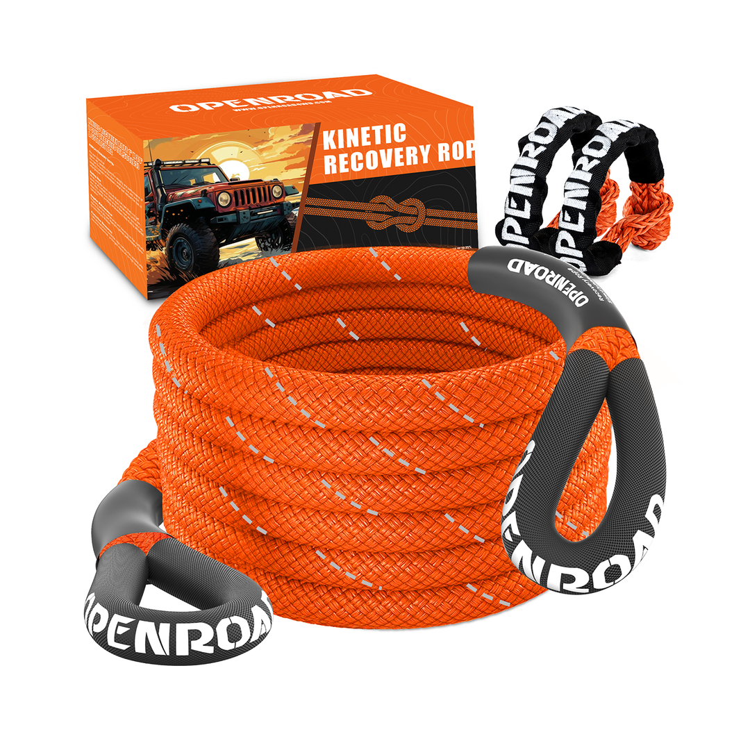 OPENROAD 1" x30' Kinetic Recovery Tow Rope (36,000lbs) Recovery Straps OPENROAD Orange with Soft Shackle  