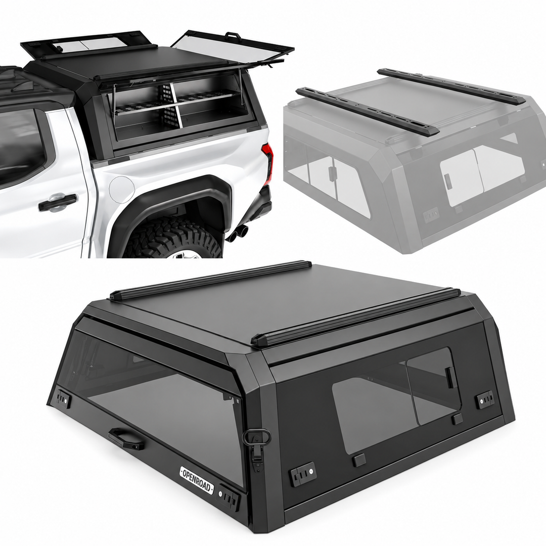 OPENROAD Glass Side Window Truck Cap with Roof Rack Crossbars with Truck Cap Storage Box