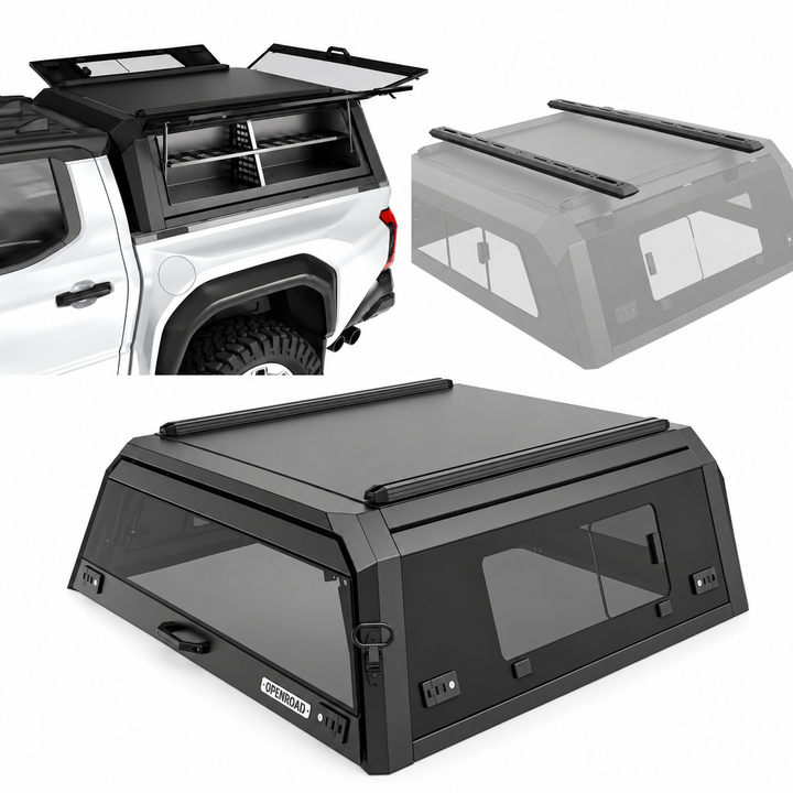 OPENROAD Glass Side Window Truck Cap with Roof Rack Crossbars with Truck Cap Storage Box