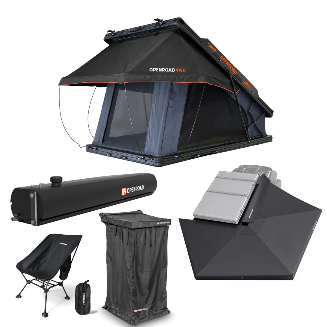 OPENROAD Aluminum Hard Shell Roof Top Tent and 270 Awning and Shower Awning and Water Tank 10 Gal and Lightweight Foldable Chair, Driver
