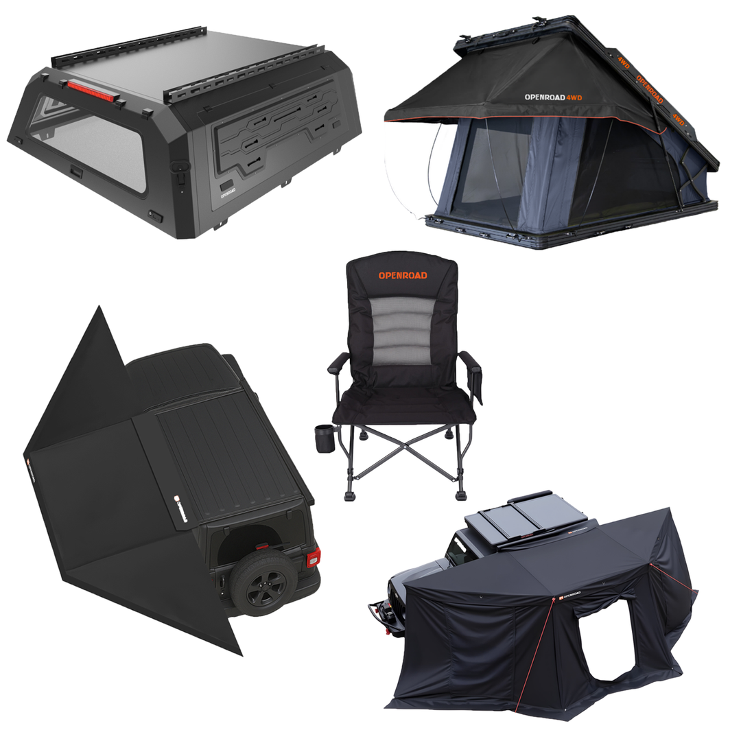 OPENROAD Truck Cap with Full Wing Doors, Extra-Large Storage, and LED Brake Light with Aluminum Hard Shell Roof Top Tent-PeakRoof LT Series with 180 Free Standing Awning with 180 Awning Sidewalls with Camping Chair Pro Openroad4wd