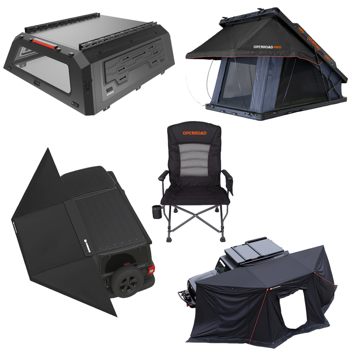 OPENROAD Truck Cap with Full Wing Doors, Extra-Large Storage, and LED Brake Light with Aluminum Hard Shell Roof Top Tent-PeakRoof LT Series with 180 Free Standing Awning with 180 Awning Sidewalls with Camping Chair Pro Openroad4wd