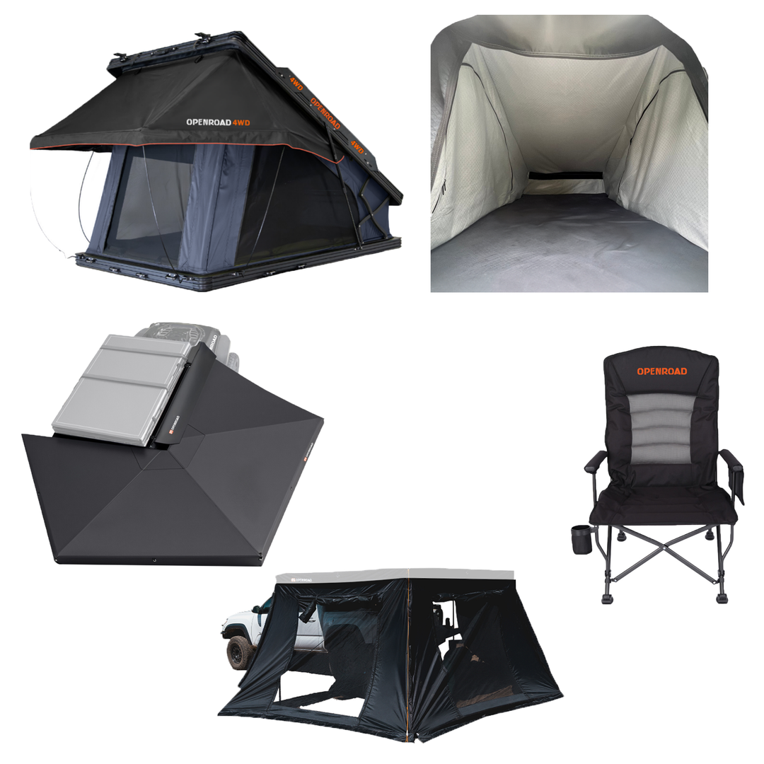 OPENROAD Aluminum Hard Shell Roof Top Tent-PeakRoof LT Series with Insulated RTT Liner with 270 Free Standing Awning for Camping with 270 Awning Side Wall with Camping Chair Pro Openroad4wd