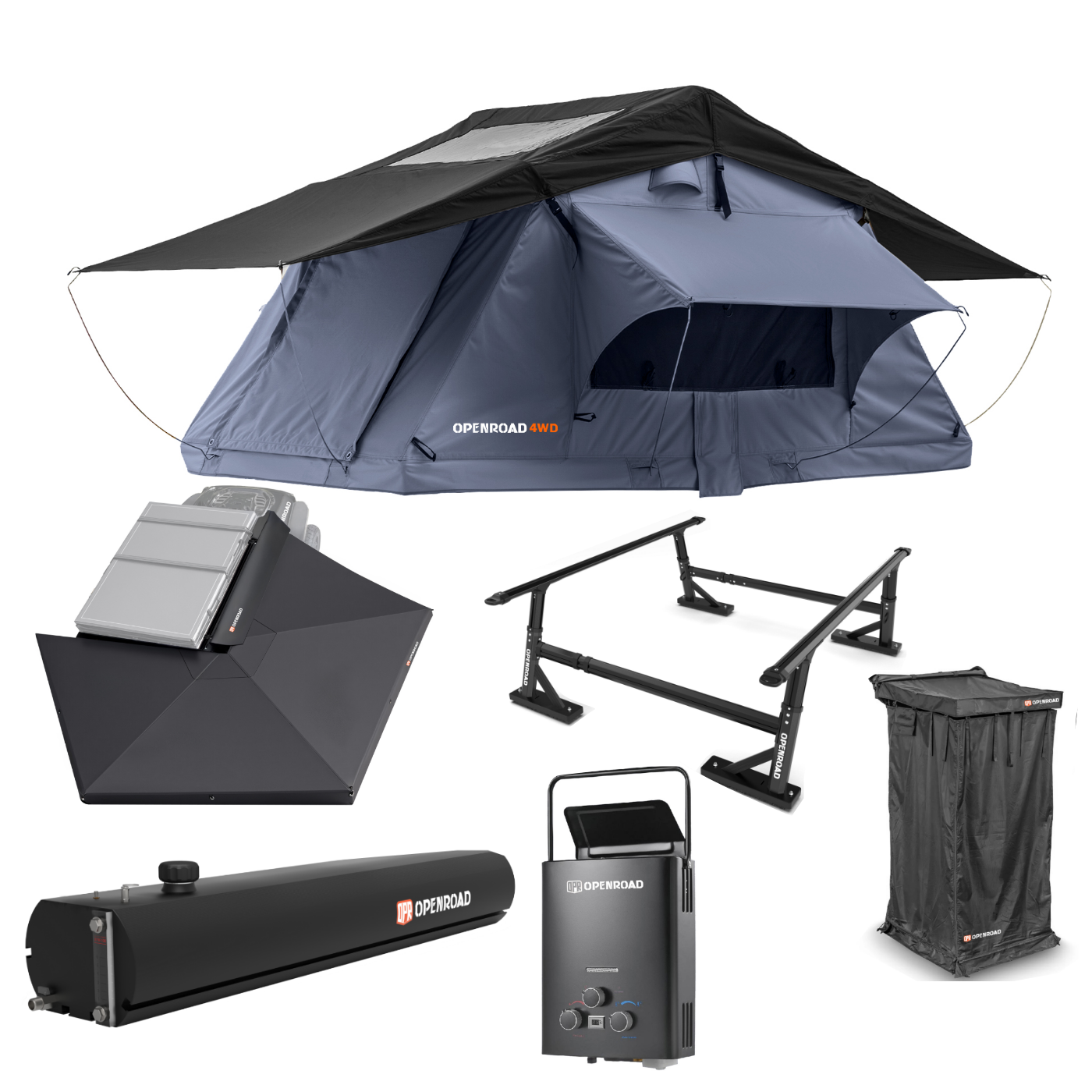 OPENROAD Soft Roof Top Tent and 270 Awning and Bed Rack and Shower Awning V2 and Water Tank and Water Heater Openroad4wd