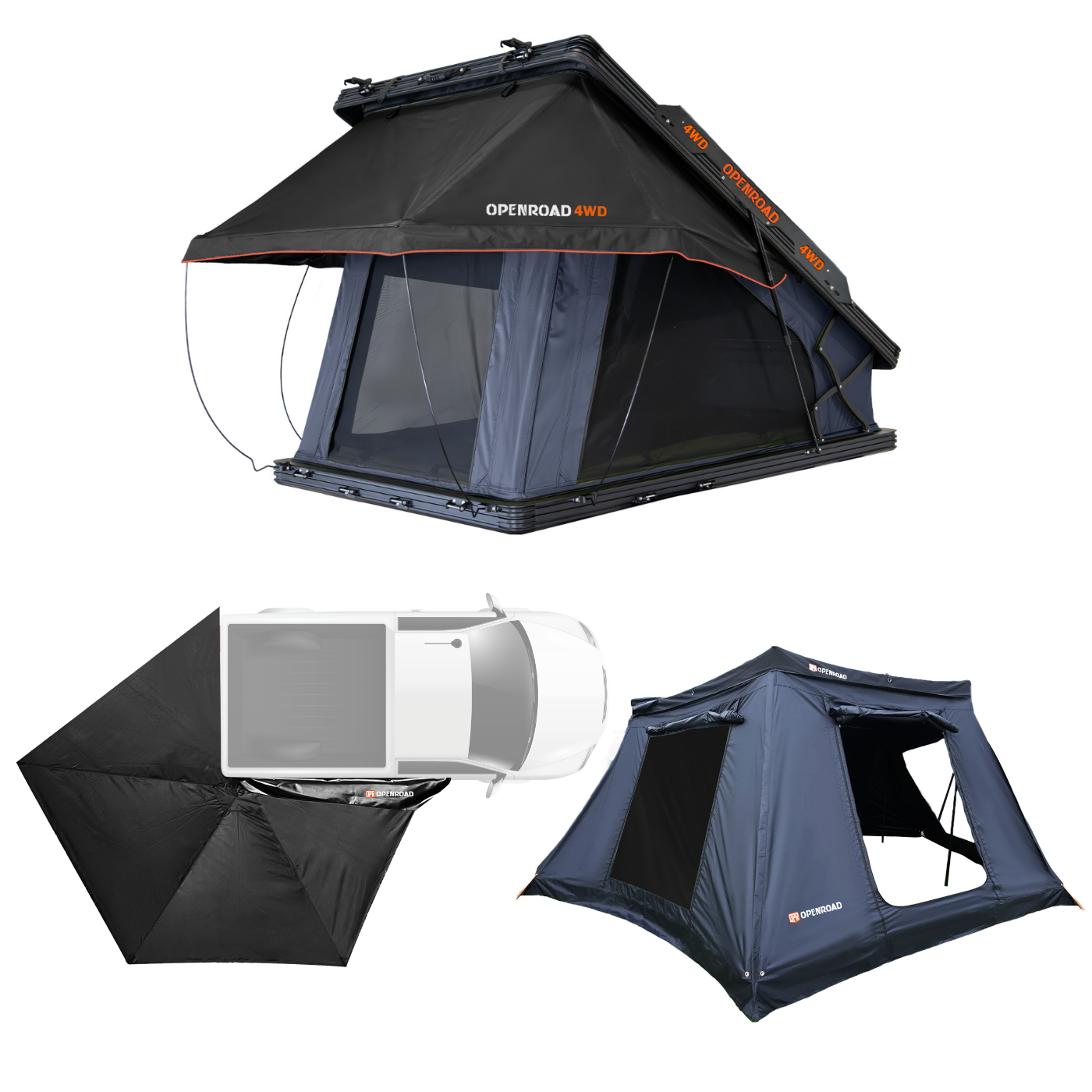 Aluminum Hardshell Roof Top Tent and 270 Free Standing Awning and 270 Awning Sidewalls Openroad4wd