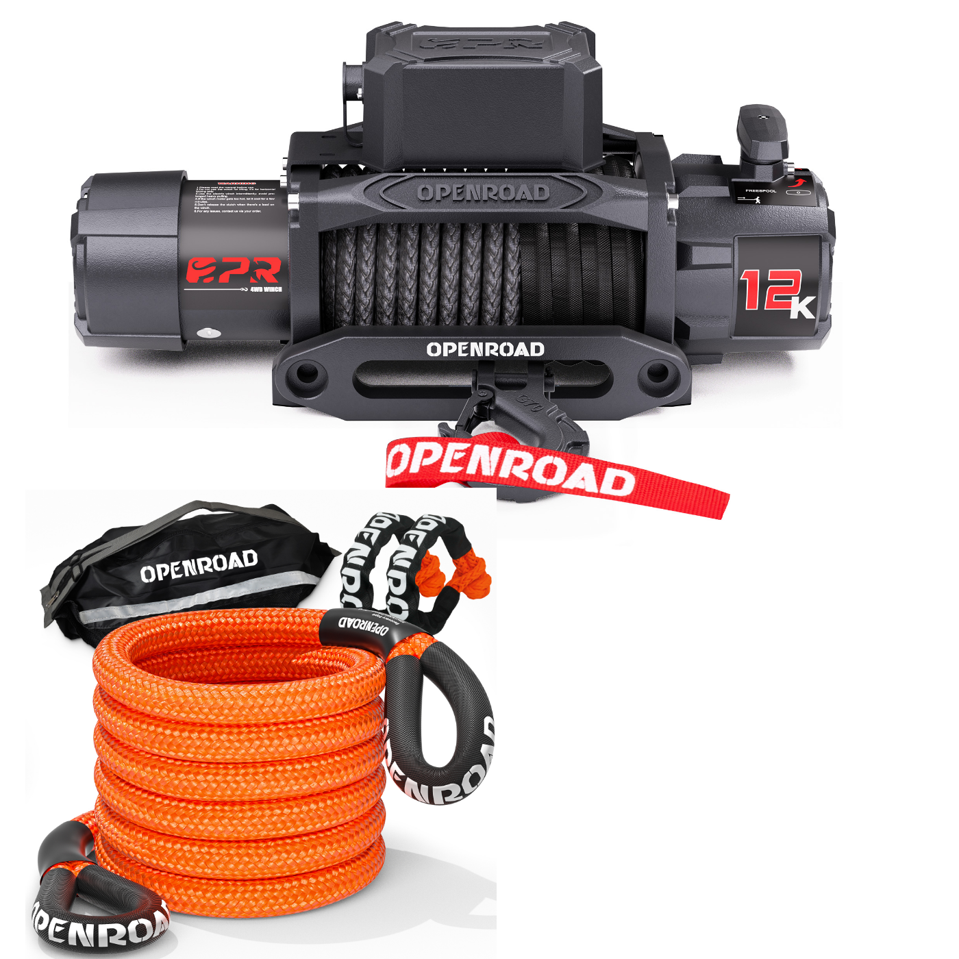 OPENROAD 12,000lbs Electric Winch with Synthetic Rope-Panther Series 3S winch Openroad4wd 12000lbs Winch with 1" x30' Recovery Tow Rope and Soft Shackle
