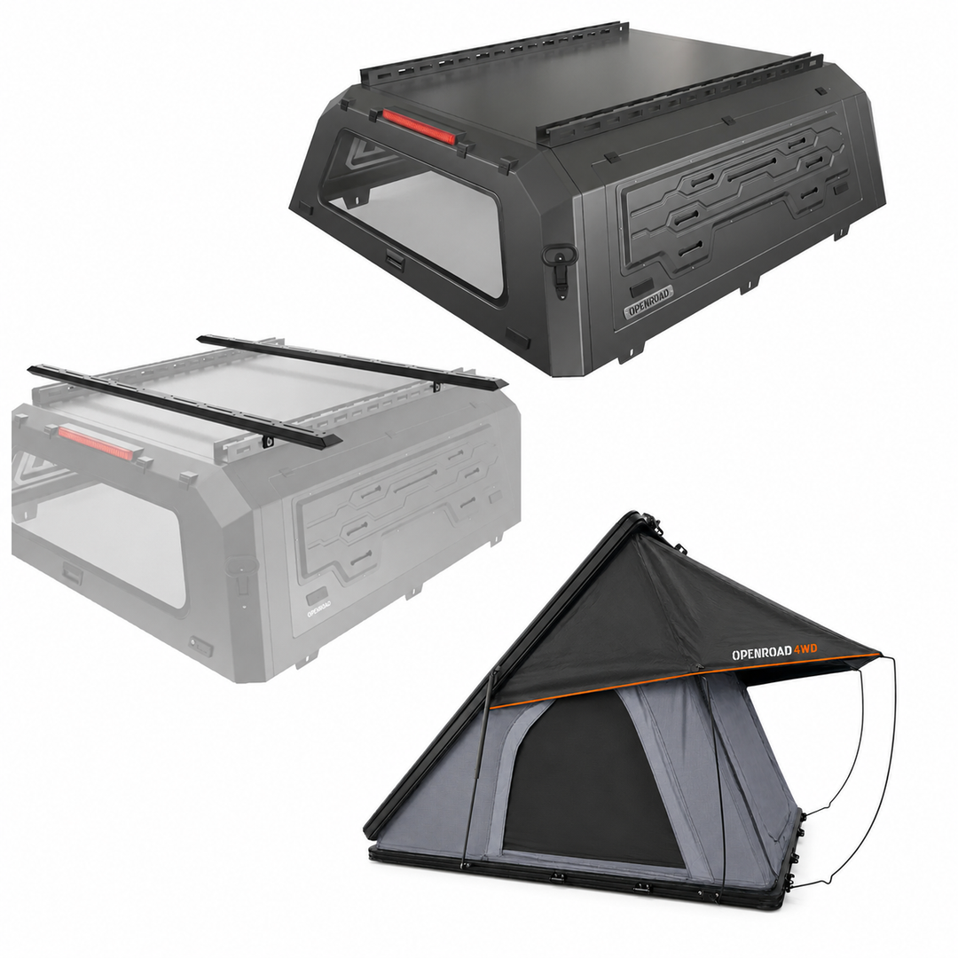 OPENROAD Aluminum Truck Cap with Roof Rack Crossbars with  Aluminum Hard Shell Roof Top Tent edgeroof series