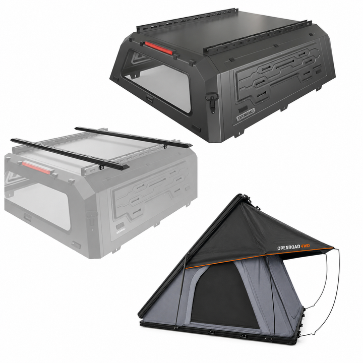 OPENROAD Aluminum Truck Cap with Roof Rack Crossbars with  Aluminum Hard Shell Roof Top Tent edgeroof series