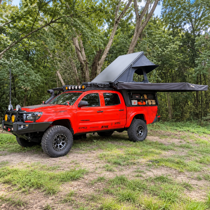 OPENROAD Aluminum Truck Cap with Roof Rack Crossbars with Storage Box with Aluminum Hard Shell Edgeroof series RTT with 270 Standing Awning with Vertical Mounting Openroad4wd