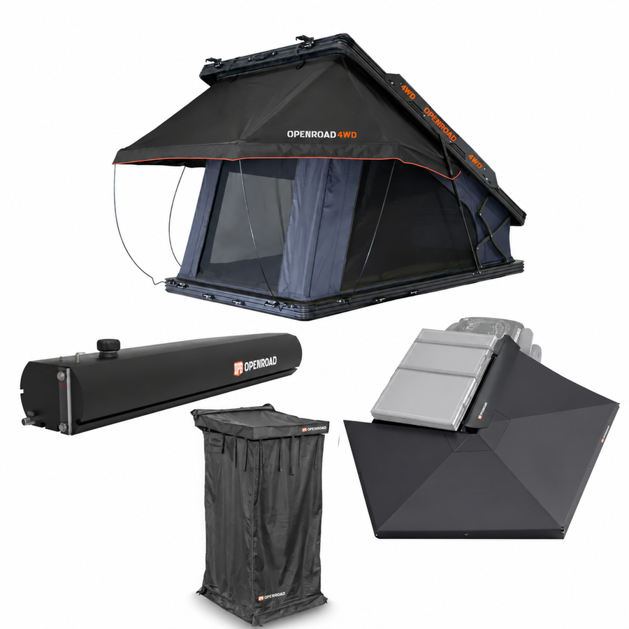 OPENROAD Aluminum Hard Shell Roof Top Tent and 270 Awning and Shower Awning and Water Tank 10 Gal