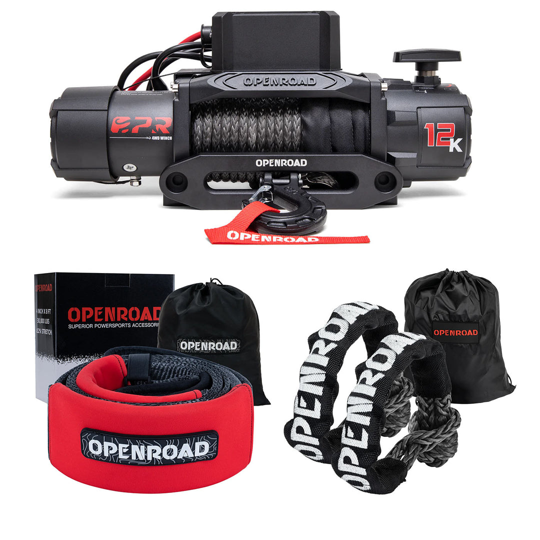 OPENROAD 12,000lbs Winch with Synthetic Rope-Panther Series 3S  Openroad4wd 12K Winch with Tree Saver Strap  